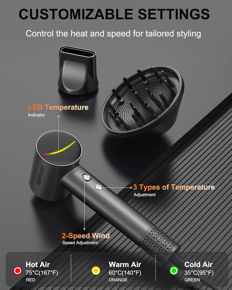 Healthkeep Hair Dryer with 2 Diffuser for Curly-Hair, High-Speed Constant-Temp 5 Mins Make Hairstyle, 200M Negative Ionic Blow-Dryer Moisturizing and Hair-Care, Low Noise 150,000 RPM Brushless Motor
