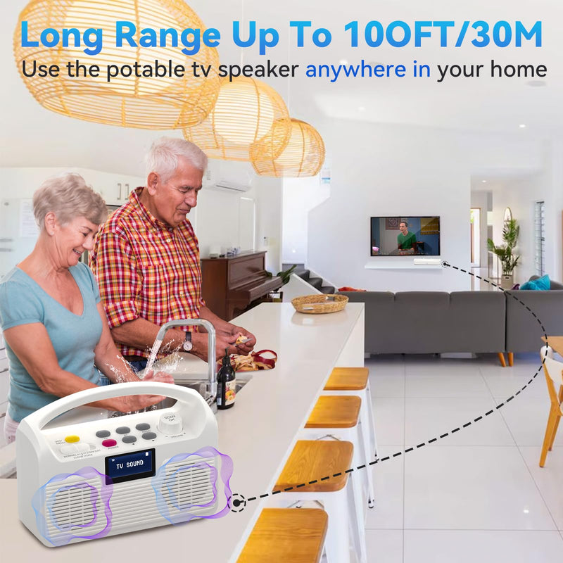 ANSTEN Portable Wireless Speakers for TV Voice Highlighting Wireless TV Speaker for Hard of Hearing Elderly, Dual Loudspeakers Bluetooth Speakers, 3 Sound Modes, LCD Display, SOS Function, FM Radio White