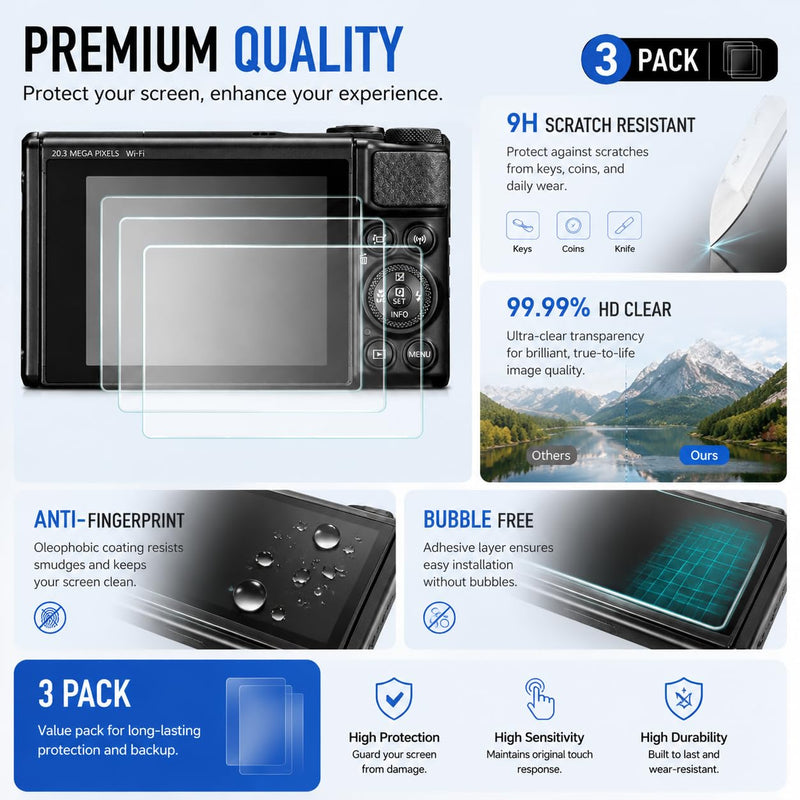 [3-Pack] Screen Protector for Canon PowerShot SX740 HS SX730 HS Camera | Canon SX740/PowerShot SX740 HS Screen Protector With 9H Tempered Glass, HD Clarity, 2.5D Edges, And 3-pack Value Set
