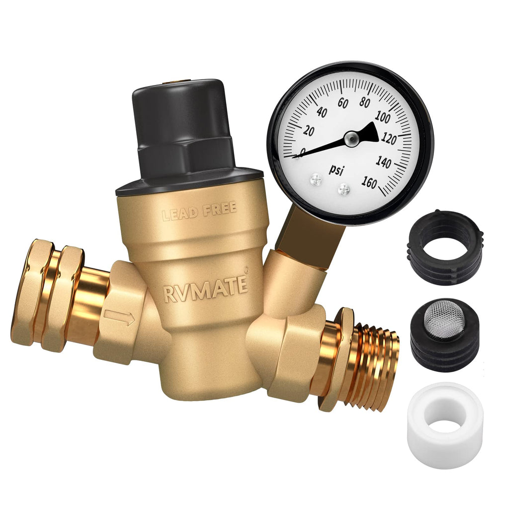 RVMATE RV Water Pressure Regulator, Brass Lead-Free Water Pressure Reducer Kit, Adjustable Valve with Inlet Screen Filter, for Camper Travel Trailer Adjustable 1.0