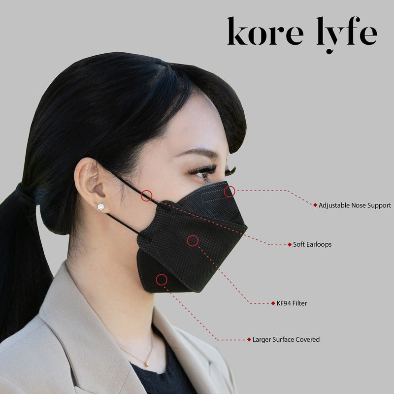 [25 PCS] 25% LARGER KF94 Face Mask - X-LARGE BLACK - [Made in Korea] - In 5 PCS Reclosable Package - Breathable Premium Quality - [Package in English]