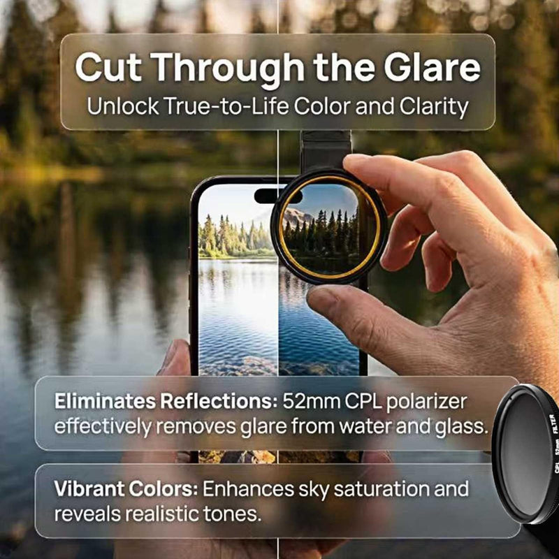 52mm CPL Lens for iPhone – Phone Camera Lens Filter Kit, Polarizing CPL Filter iPhone Compatible, Anti-Glare Phone Lens Clip for Travel, Landscape & Vide