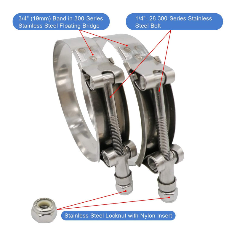 97mm - 105mm T-Bolt Hose O.D. Clamp - Working Range 3.81" - 4.13" for 4 inch Hose OD, Stainless Steel Bolt, SS Band Floating Bridge and Nylon Insert Locknut (97mm - 105mm, 2 pack) 97mm - 105mm (3.81" - 4.13")