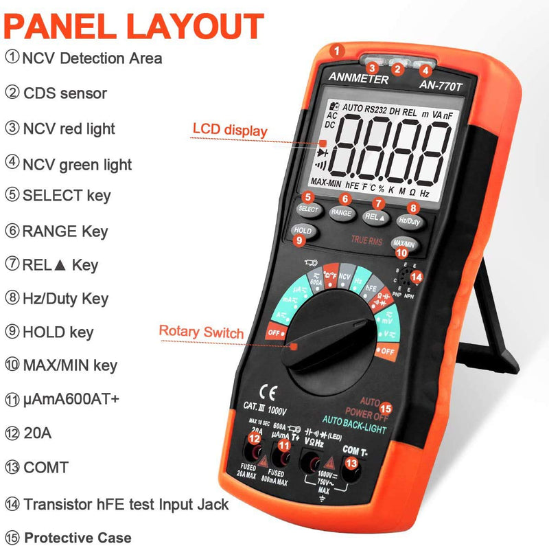 AIOMEST AN-770T Digital Multimeter Auto-Ranging 6000 Counts Multimeter, Voltage/Current/Resistance Meter, Measures Capacitor Temperature and Diode, TRMS DMM with Data Hold, NCV and Backlight Auto-ranging AI-770T