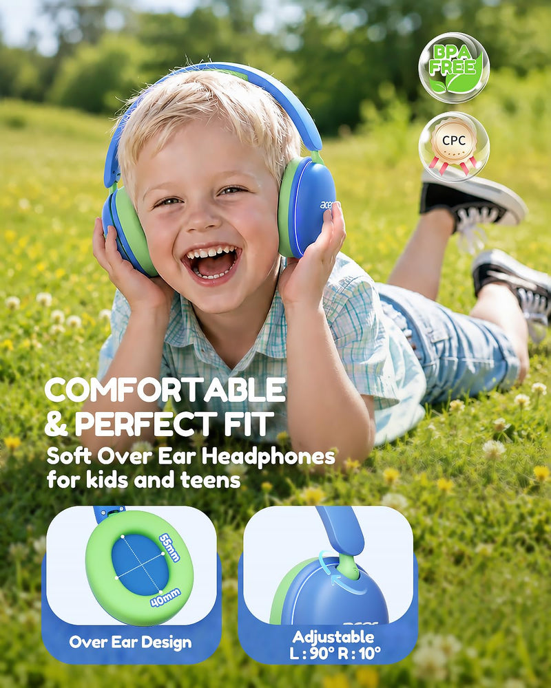 Acer OHR727 Kids Bluetooth Headphones Travel, Over‑Ear Comfort Design | 85dB Safe Volume, 110H Playtime with LED Lights, Bluetooth 6.0, Built-in Mic, for iPad Tablet Travel School Blue Green