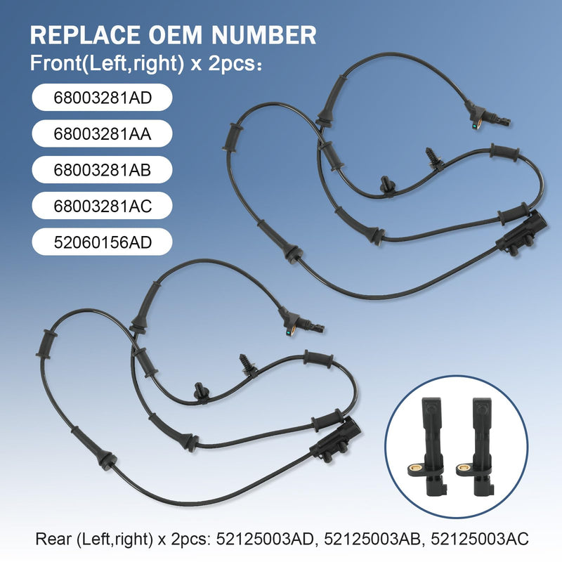 CARMOCAR Front and Rear ABS Wheel Speed Sensor Replacement for Jeep Wrangler 3.6L 2012-2017,Jeep Wrangler 3.8L 2007-2011 68003281AA 68003281AC 52060156AD 52125003AA 4PCS