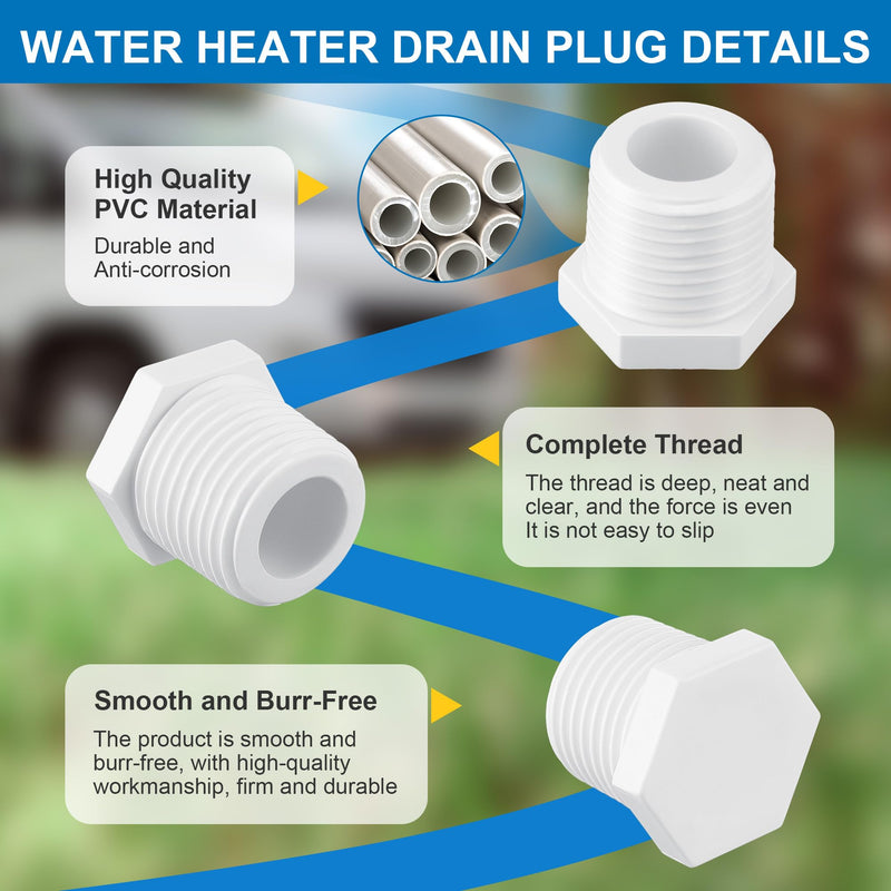 6 Pieces RV Hot Water Heater Drain Plug with Tape, 1/2 Inch NPT Drain Plug White Plastic Drain Plug, Compatible with RV Camper and Atwood Water Heater 11630 91857