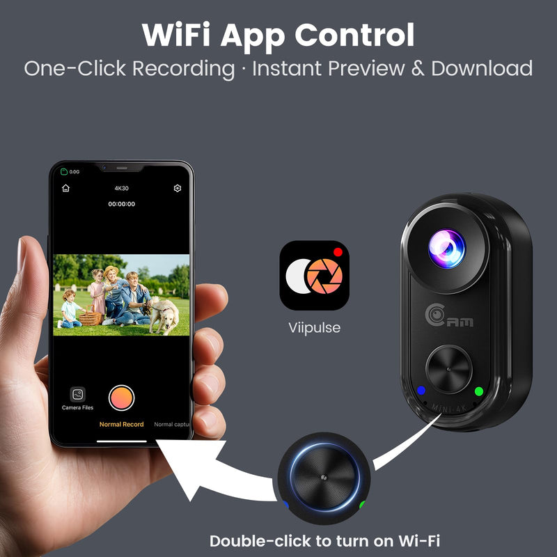 4K Mini Action Cam – Magnetic BodyCam with WiFi, Thumb-Size Wearable POV Camera, 6-Axis Stabilization, Expandable Battery, Hands-Free Recording Vlog Camera for Motorbike/Travel/Pets/Helmet Black