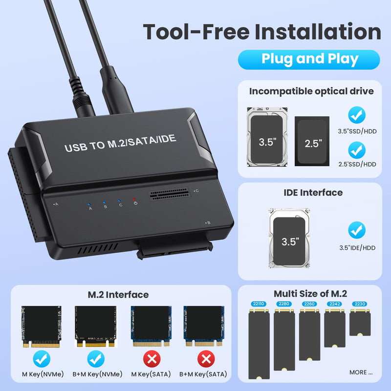 3-in-1 External SSD Enclosure for NVMe M.2 SATA/IDE 2.5"/3.5" HDD - Tool-Free USB 3.2 Gen 2 (10Gbps) Type-C Hard Drive Adapter for 2230/2242/2260/2280 & 3.5" IDE Drives