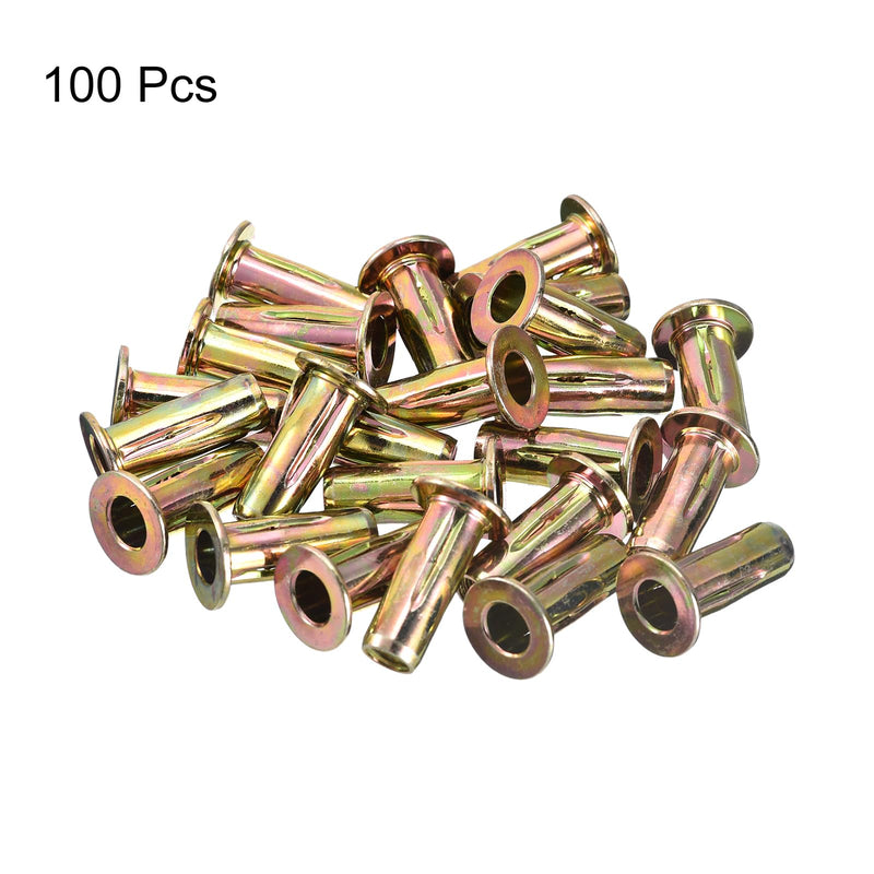 uxcell 5/16-18 Multi-Grip Rivet Nuts, 100pcs Pre-Bulbed Shank Flat Head Threaded Insert Nut Gold Zinc Plated Finish Carbon Steel Plus Nuts 100