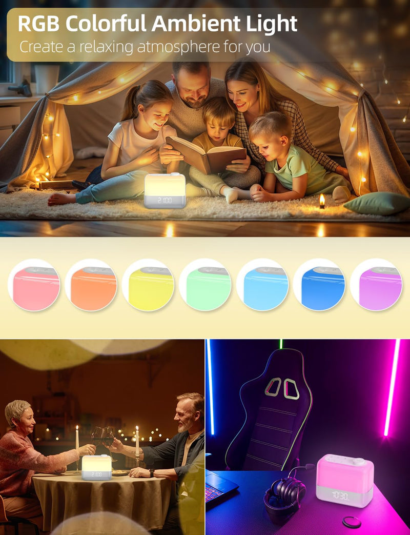Sunrise Digital Alarm Clock for Bedroom: Wake-up Light, RGB Ambient Night Light, 9-Mins Snooze, 6 Natural Sounds, 7 Volume, Rechargeable Battery, Dual Loud Alarms for Heavy Sleepers (Silver)