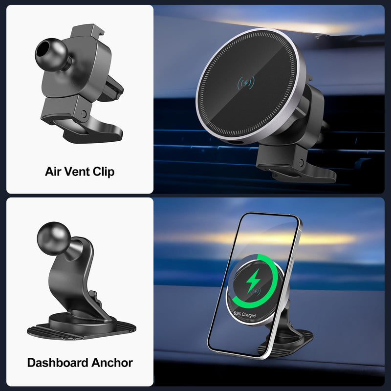 Car Mount Charger-15W Fast Charging Wireless Car Charger-Magnetic Car Phone Holder for Dashboard Air Vent - Rotation 360° & HandsFree