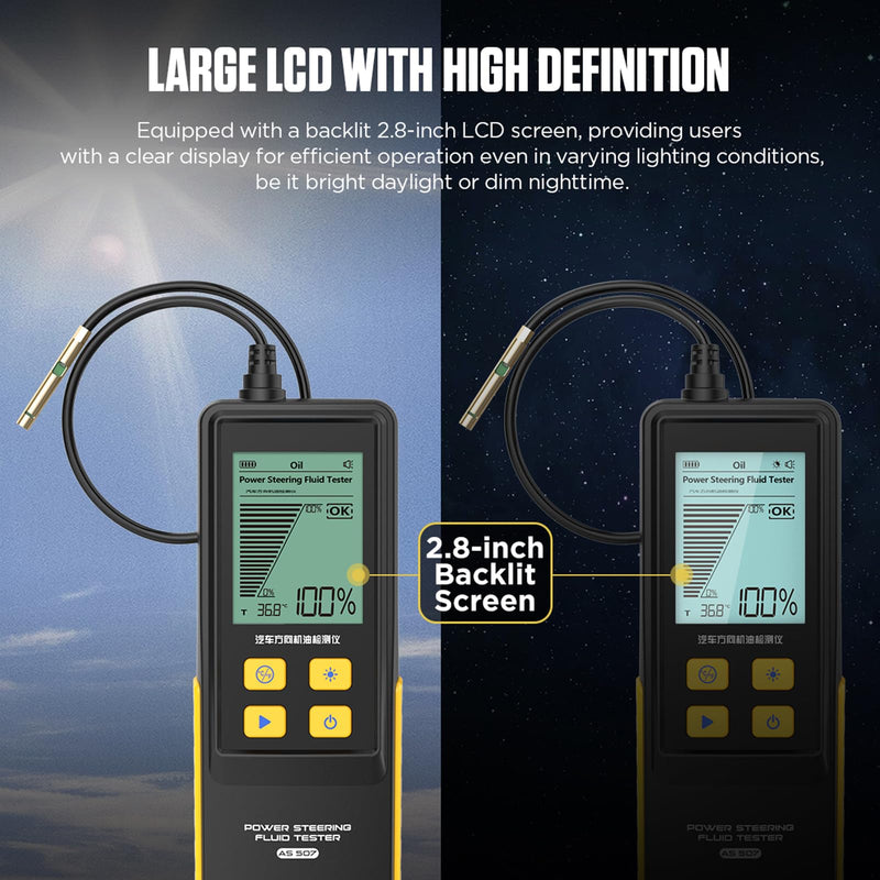 Power Steering Fluid Tester AS507 Auto Check Power Steering Oil Quality Temp. Detector Power Steering Oil Tool with High-Precision Detection Probe,Oil Temp&Transmittance Display,2.8" Backlit Screen