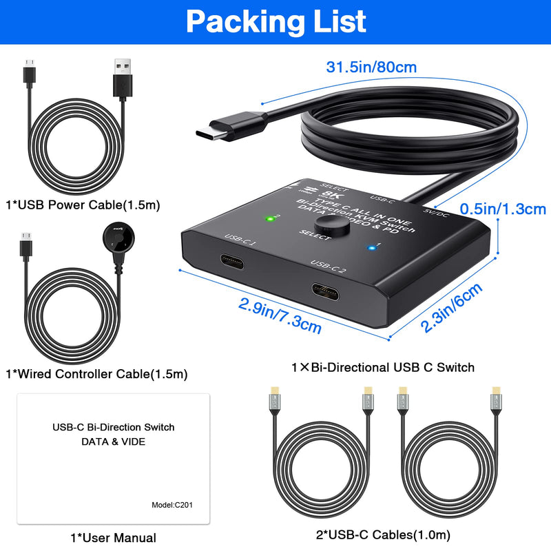 USB C Switch 2 in 1 Out USB C Switcher Selector for 2 Laptops Share 1 USB Device, 4K@60Hz/10Gbps Data Transfer and 100W PD Charging, Wired Control and 2 UBS C Cables USB C Switch 2 in 1 out
