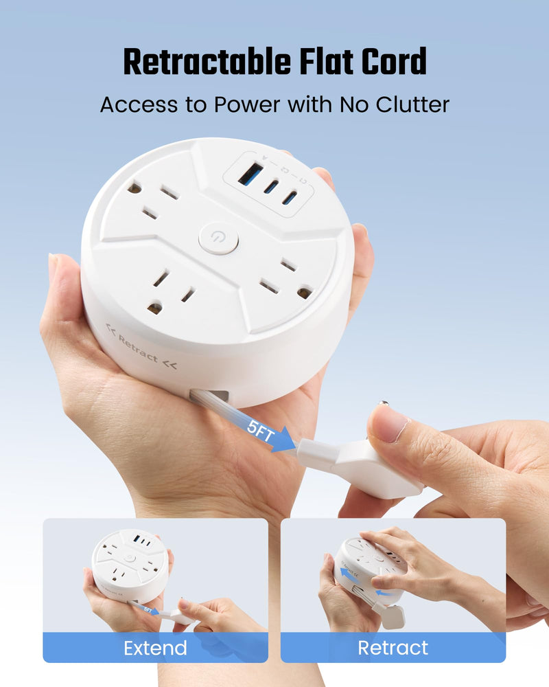 SUPERDANNY Travel Power Strip with 5ft Retractable Extension Cord Portable 3-AC & 3-USB 20W Fast Charging Station for Home Office, Business Travel, Trip, Cruise, No Surge Protector, White