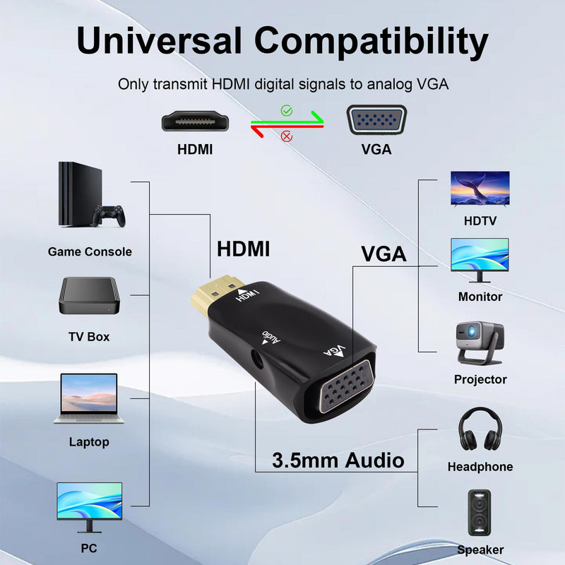HDMI to VGA Adapter Converter with 3.5mm Audio Jack | HDMI Male to VGA Female,1080P,0.5M 3.5mm Audio Cable, for PC HDTV Monitor Projector
