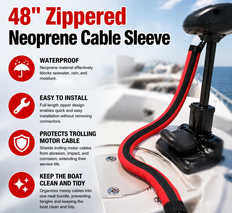 48" Zippered Trolling Motor Cable Sleeve, Trolling Motor Sleeve & Outboard Motor Sleeve Cover for Protection & Management (Red) Red