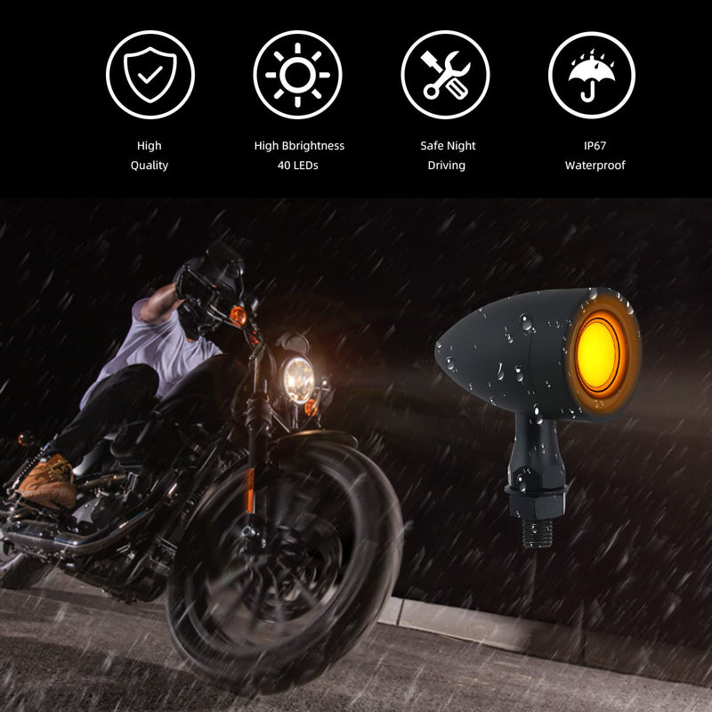 Motorcycle Turn Signals Led Tail Lights 2 Pack, Retro 40 Leds Amber Red Brake Light Rear Indicator Blinkers Universal Fits Harley Davidson Honda Kawasaki Suzuki Triumph Yamaha (Matte Black) 2052-2PCS-REAR-BK