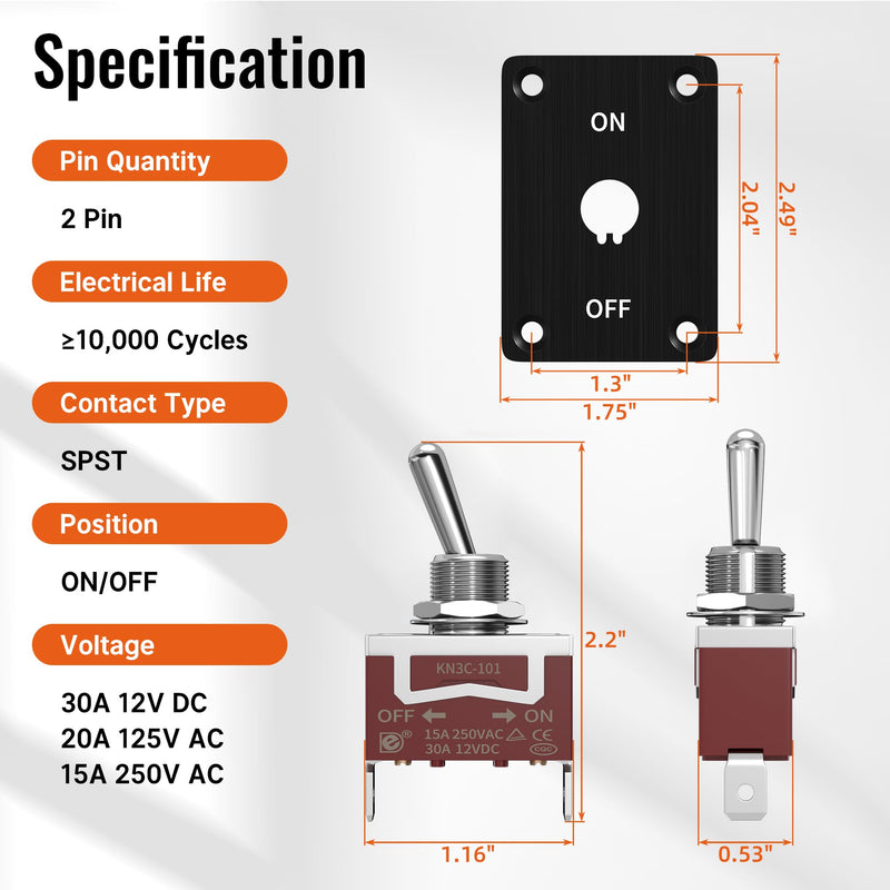 Heavy Duty Waterproof Toggle Switch 12V DC 30A 2 Pin SPST ON/Off Toggle Switch with Mounting Panel for Marine Boat Automotive ON-OFF with Panel and Wire