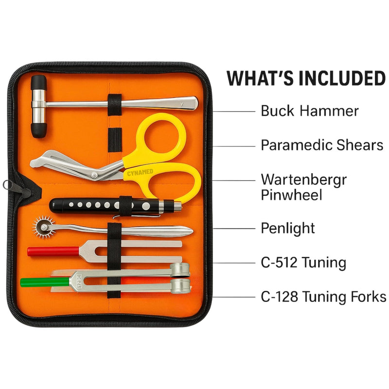 Cynamed Set of 6 pcs Reflex Percussion Buck Hammer + Penlight +Tuning Fork C 128 C 512 + Bandage Scissors 7.25" + Wartenberg Pinwheel (Set of 6)