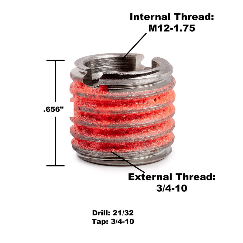 E-Z LOK - 653-12 E-Z Lok Externally Threaded Insert, 303 Stainless Steel/Metric, M12-1.75 Internal Threads, 3/4"-10 External Threads, 16.66mm Length, Made in US (Pack of 5) M12-1.75 IT, 3/4"-10 ET, 16.66mm L Pack of 5