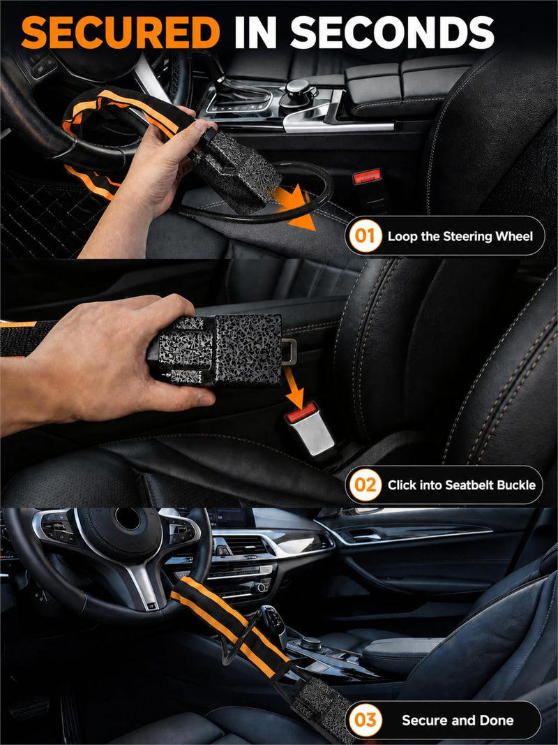 Steering Wheel Lock, Seat Belt Anti-Theft Device, 3 Keys | 27.5 in Braided Steel Cable With an Alloy Metal Lock Head, Reflective Nylon Sleeve & Storage Bag, Fits Most Car SUV Golf Cart black orange