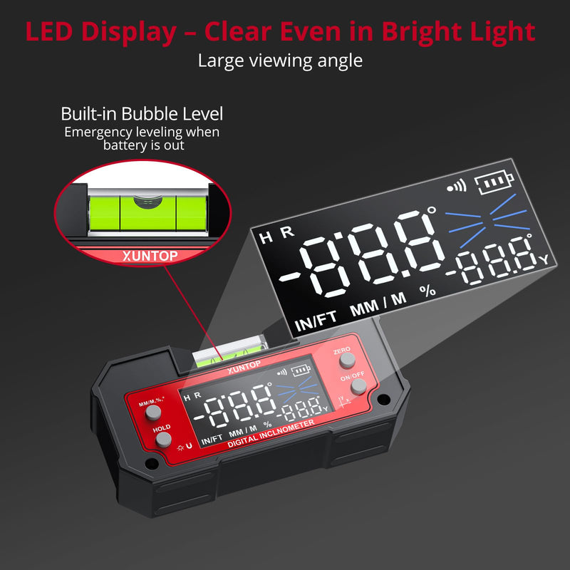 XUNTOP Digital Angle Finder Tool Dual Axis X-axis of 4×90° and Y-axis of ±60° Powerful Magnetic Base Level Box Type-C Rechargeable Digital Inclinometer with LED Display for Woodworking Table Saw