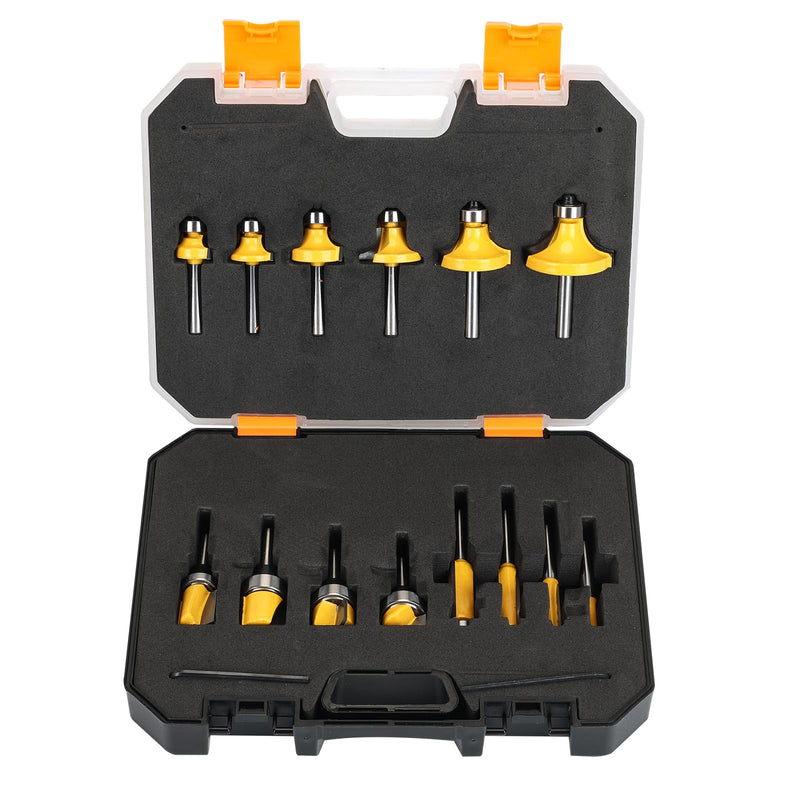 14 PCS Router Bits Set 1/4 Inch Shank | Conventional Universal Set, Roundover Router Bits, Flush Trim Router Bit, Hinge Mortising, Flush Trim Template