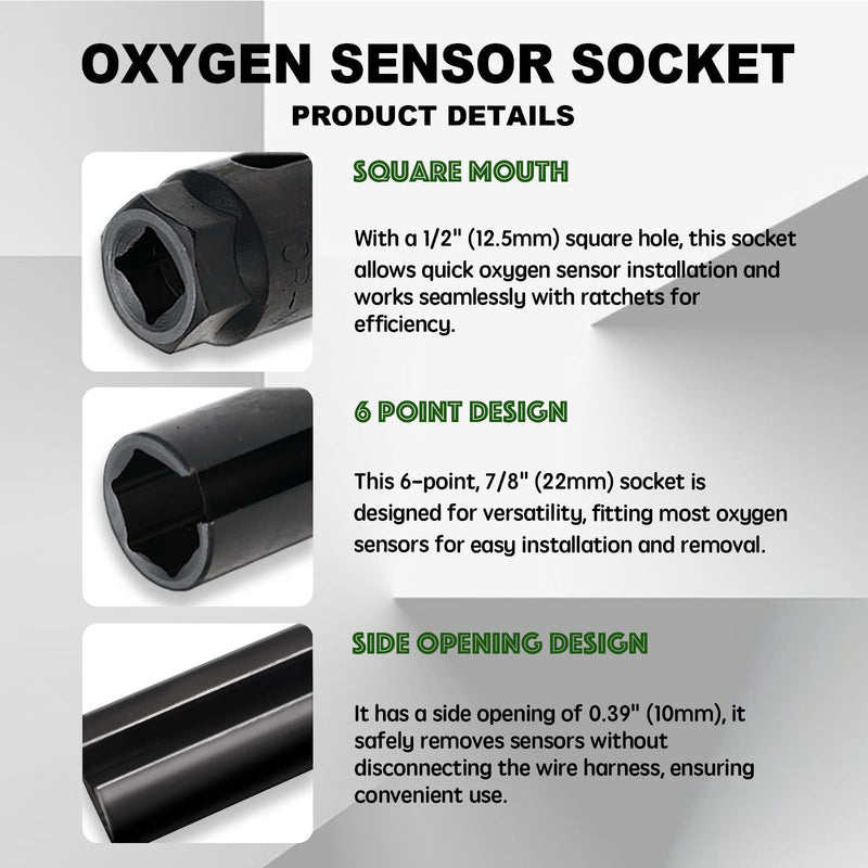 Oxygen Sensor Socket 1/2" Inch Drive 7/8" Inch (22mm) 6-Point Sensor Remover Tool with Side Wire Cutout, Universal Socket for O2 Removal and Installation 0.5 × 0.87 Inch