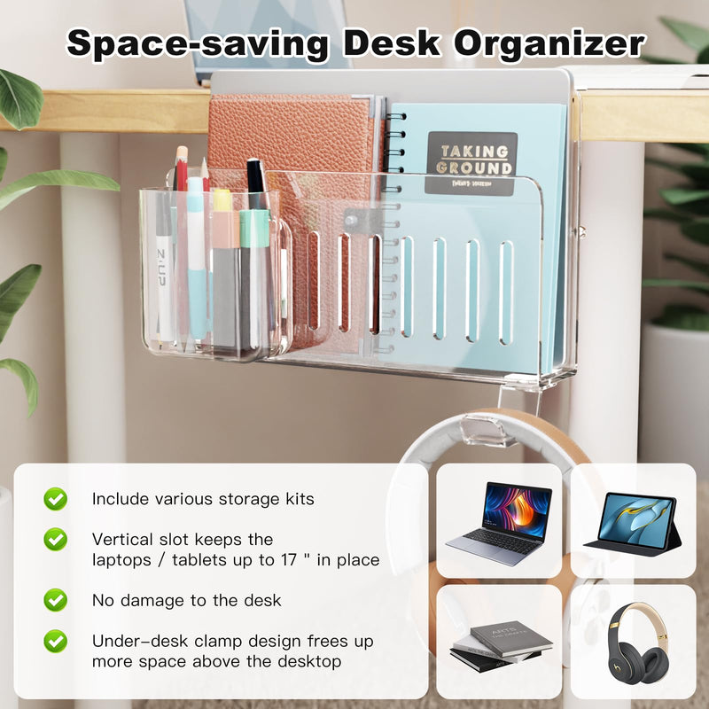 Acrylic Desk Side Storage,Under Desk Laptop Holder Storage Clamp on desk shelf,With Pen Holder and Headset Hook,Clear Desk Side Hanging Organizer accessories (transparent) transparent
