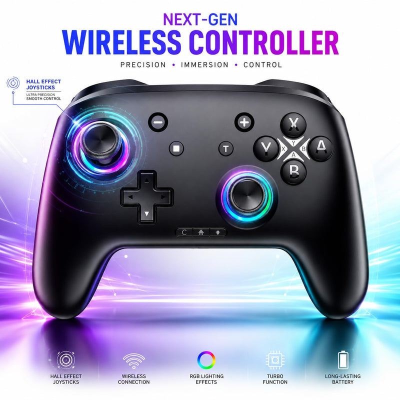 Switch Controller, Wireless Bluetooth Controller for Nintendo Switch 2/Switch/Lite/OLED, game controllers Compatible with iPhone/Mac/iPad/iOS/Android/Phone/PC/Steam and TV with Rotary Motors, RGB Hall Effect Joysticks/Macro Back Buttons/Turbo Modes/6-A...