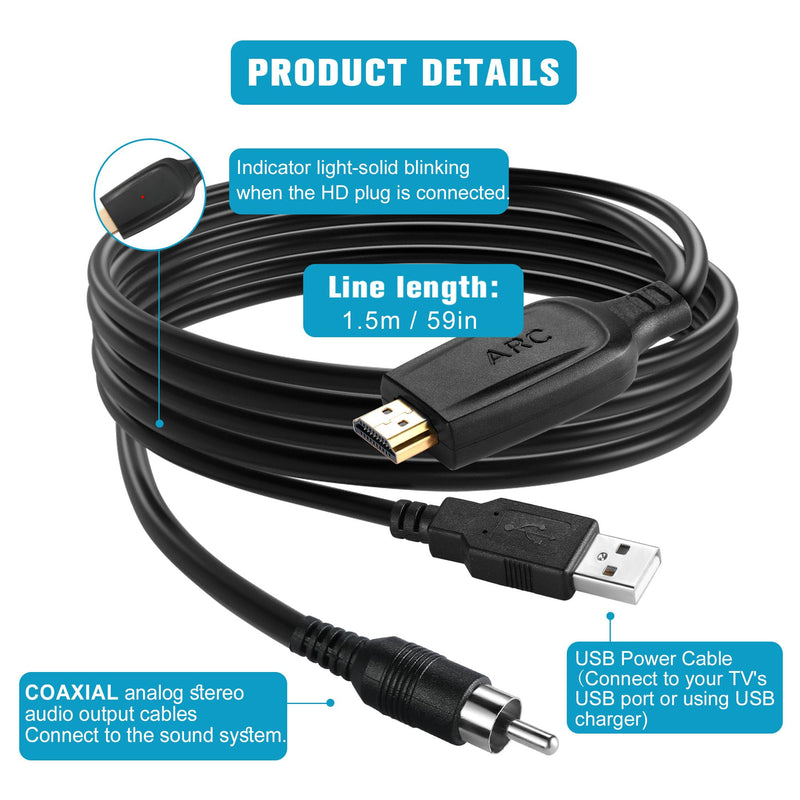 192KHz HDMI eARC/ARC to Coaxial Audio Converter for TV to Soundbar, Plug & Play 4.9ft/1.5m ARC to Coaxial Cable Audio Extractor Adapter Splitter for Sound System Home Theater Support Dolby/DTS 5.1