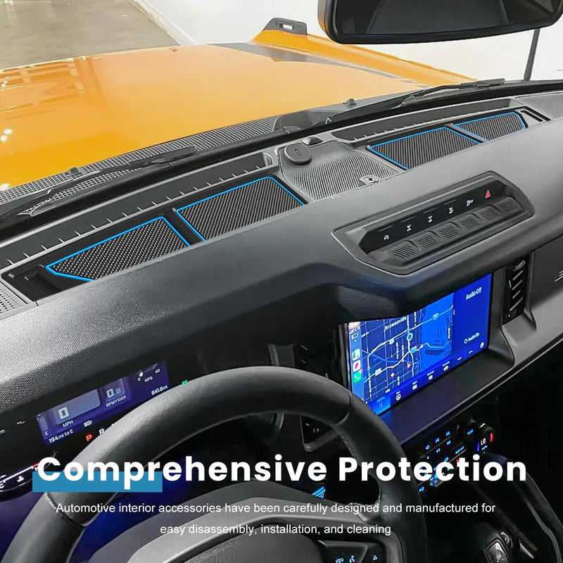 Auovo Dash Cover Tray Compatible with Ford Bronco Accessories 2025 2021 2022 2023 2024 Anti-Slip Silicone Dashboard Compartments Mat fit Bronco 2/4-Door Interior Dash Pad Liners 2-pc Set (Blue Trim) Blue 2pcs dash cover tray