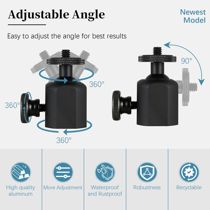 Mini Ball Heads Universal Tripod Ball Head Camera Screw Mount, 360 Degrees Rotatable Tilt with 1/4 inch Screew for Cameras Monopods Camcorder LED Light Stand, Loads to 10lbs, Black (2) 2