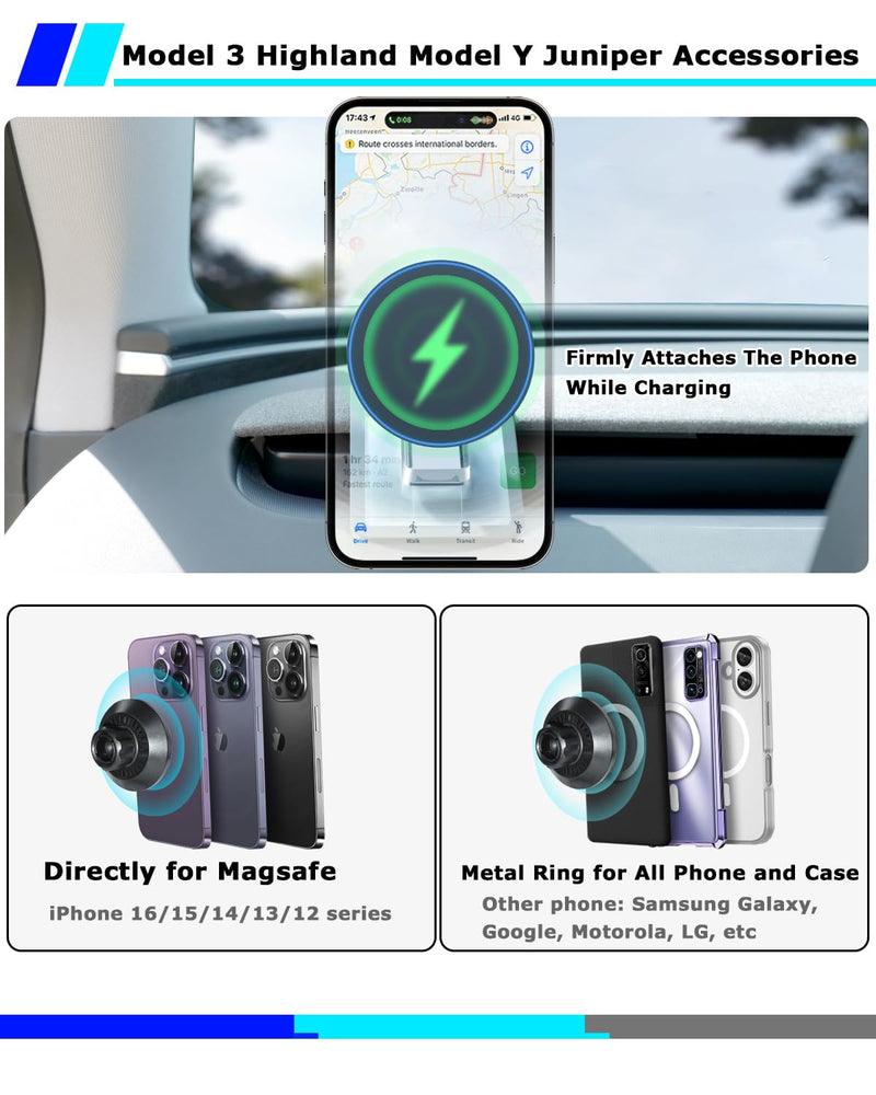Phone Mount Holder Only for Tesla Model 3 Highland Model Y Juniper 2026 with 15W Wireless Charging, Tesla Phone Charger for Magsafe, Model 3 Model Y Accessories 2025, for iPhone 16 15 14 13 12 Series 2025-2024 Model 3, 2026 Model Y, Rechargeable