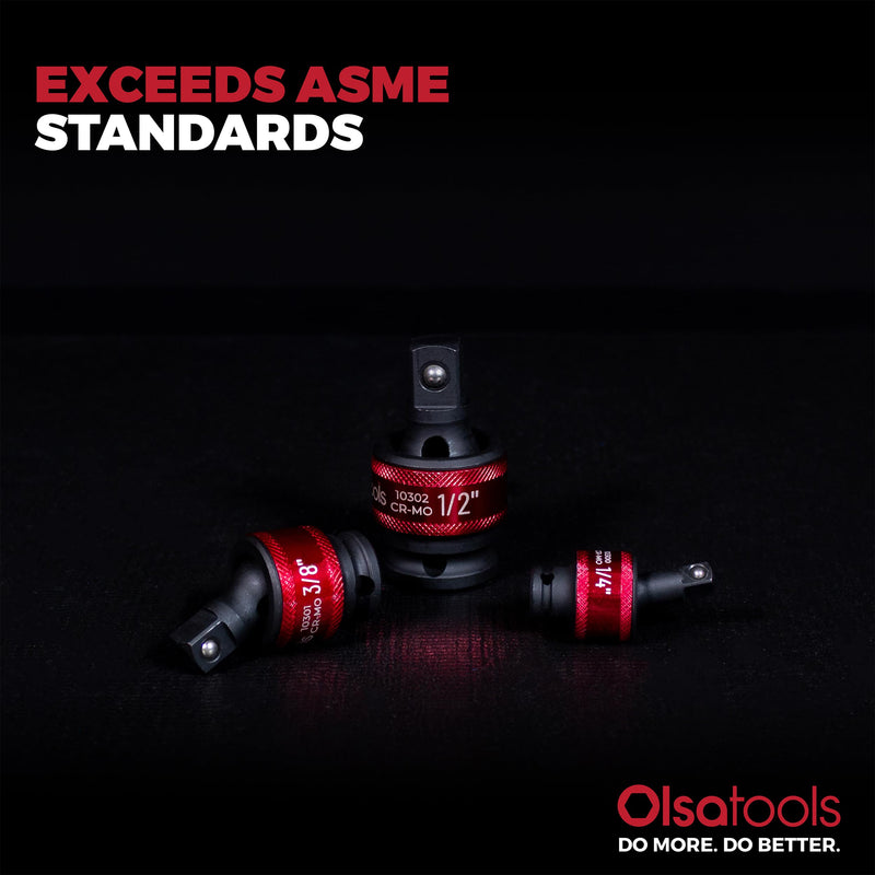 Olsa Tools Impact Universal Joint Socket Adapter Set - 3Pc 1/2",3/8" & 1/4" Drive - 30° Swivel Angle Sockets - Cr-Mo Impact Rated - Durable Mechanics Tool - Part 1459 1/4, 3/8 & 1/2" Drive