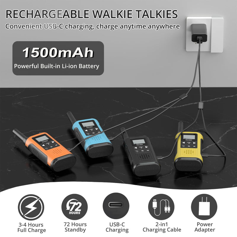 Rechargeable Walkie Talkies for Adults Long Range-4 Pack | 1500mAh Li-ion Battery,22 FRS Channels,NOAA Weather,VOX,LED Flashlight,2 Way Radio Outdoor Cruises Family Hiking Camping Gear Black & Blue & Orange & Yellow 4