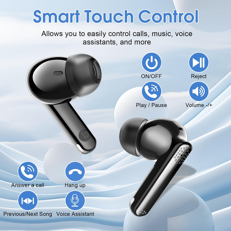 Thunelec Wireless Earbuds Bluetooth 5.4 Headphones 48H Playback HiFi Stereo | Bluetooth Ear Buds with Real Time Translation, in Ear Sports Earphones with ENC Noise Cancelling Mic for Android/iOS Phones Dark Black