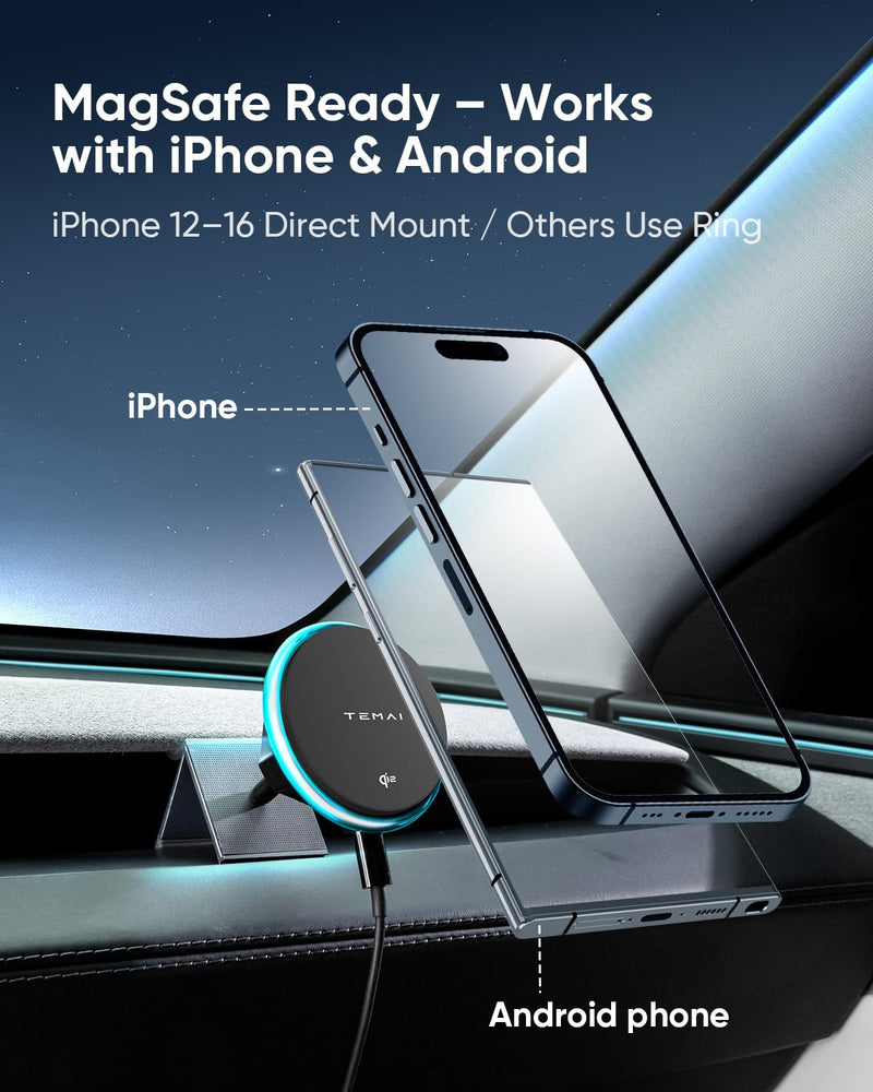 TEMAI Car Mount Charger, 15W MagSafe Wireless Car Charger & Phone Holder for Model Y Juniper(2025)- Strongest Magnetic Fast Charging Accessories Slideable Air Vent Mount with Silicone Pads Slideable Vent Mount + Charging Model Y Juniper(2025)