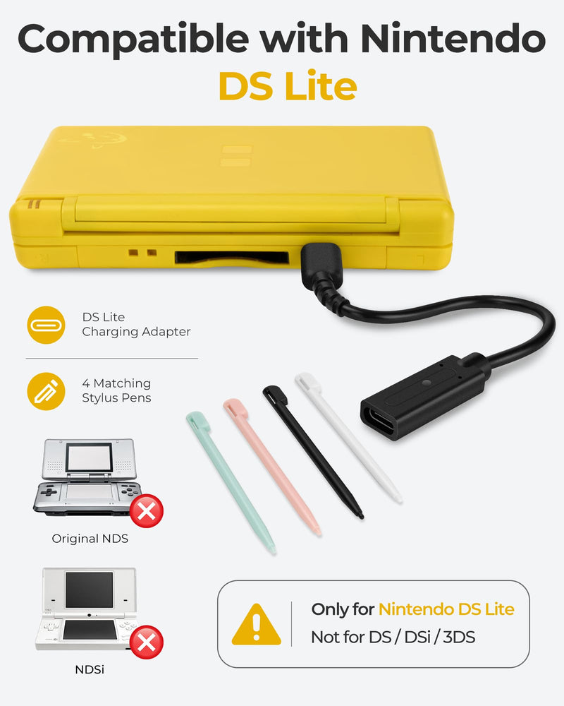 DS Lite Charger and Stylus Bundle, USB C to DS Lite Charging Adapter with 4 Replacement Stylus Pens for Nintendo DS Lite NDSL