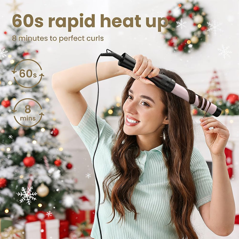 Hair Curling Wand Iron Tongs with Anti-Scald Head, 5 in 1 Hair Curler for Long Hair 10mm-32mm with 2 Crocodile Clips 1 Anti-Scald Silicone Gloves, PTC Ceramic LCD 180°C & 210°C Pink
