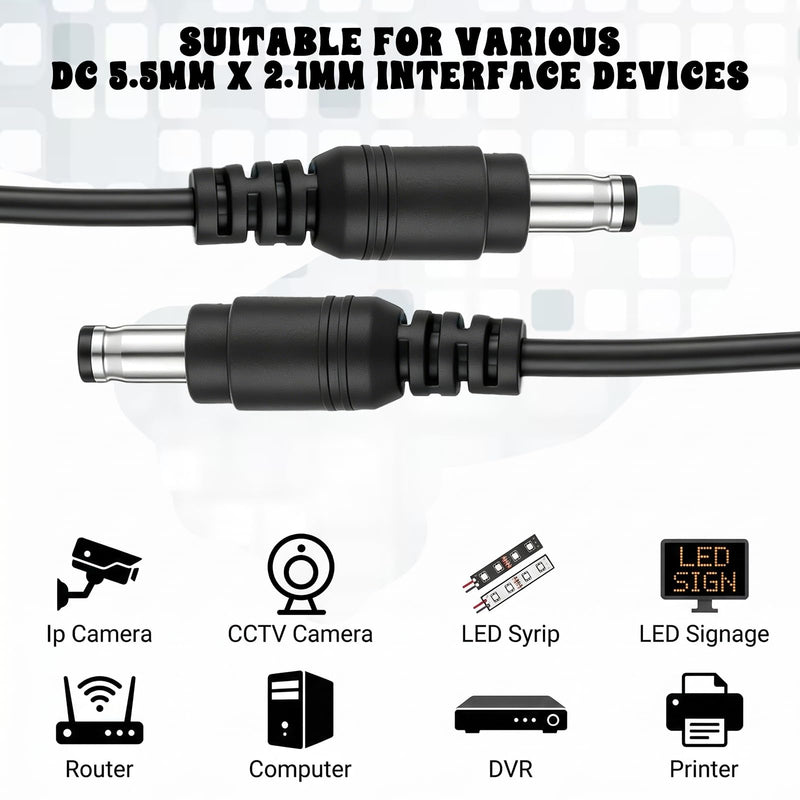 2Pcs DC Power Cable 12v DC Extension Cord 2.1mm x 5.5mm | Male to Male Power Adapter 12v Powers Extension Cable for LED Strip, Camera, DC5521 Jack Cables, Black