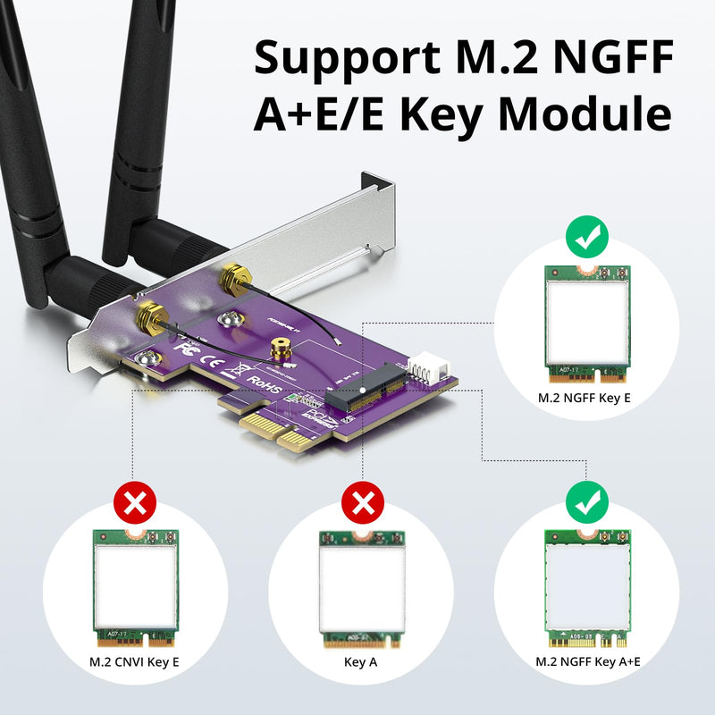 PCIe x1 to M.2 WiFi Bluetooth Adapter Card - Supports A+E Key NGFF Modules, Dual-Band 2.4GHz/5GHz with 2X 5dBi Antennas | Desktop Wireless Upgrade Solution
