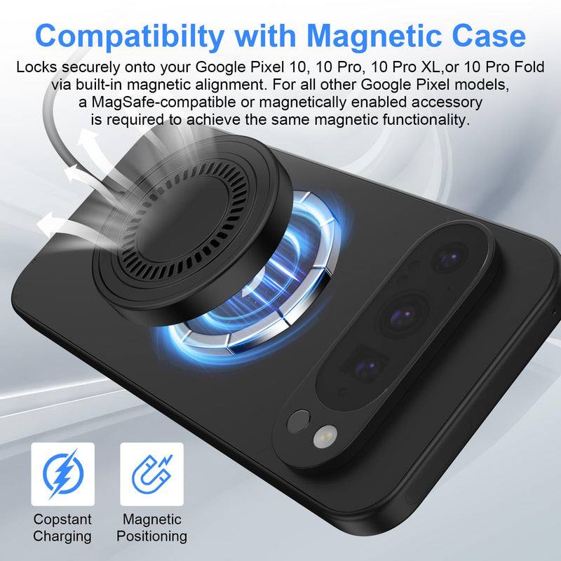 Magnetic Wireless Charger for Google Pixel 10/10 Pro XL/10 Pro Fold | Wireless Charging Pad for 10a/9a/9/9Pro XL/8/8a/7/7a/6/5/4, 4FT 15W Max USB-C/A Magsafe Charger 2Pack for iPhone 17/16/15/14 Black