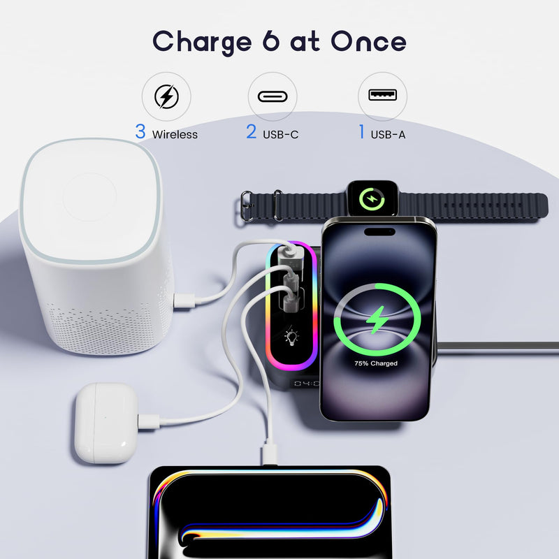 8-in-1 Foldable Wireless Charging Station for Apple Devices with Clock, 65W | Wireless Charge for Apple Watch, Phone & AirPods + 3 Extra Ports. Built‑in Retractable Cord, RGB Light & 65W GaN Fast Charge Black