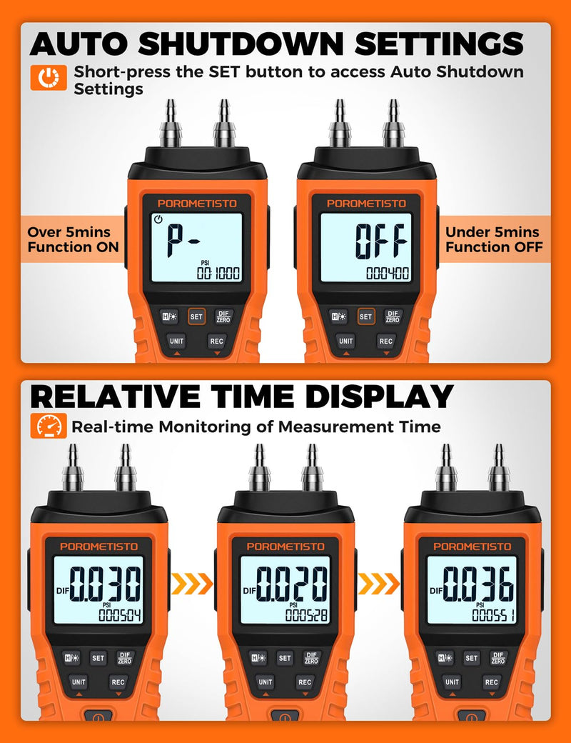 DMT01 Digital Manometer POROMETISTO, Manual Calibration Custom Zero, Real time Measurement, Max/Min/Avg Recording,HVAC Manometer, 12 Units Gas Pressure Tester, Differential Pressure Gauge