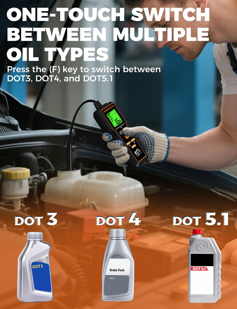 Brake Fluid Tester POROMETISTO FT01, Brake Fluid Moisture Tester with 8.5-Inch Corrosion Resistance Probe, Brake Fluid Detector with Flashlight, Data Hold, Backlight Alarm for DOT3, DOT4, DOT5.1-Black