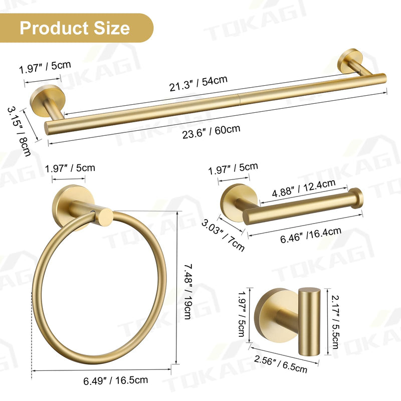 TQKAG 5 Piece Bathroom Accessories Set Brushed Gold Bathroom Hardware Set 23.6 Inch Bath Towel Bar Set SUS304 Stainless Steel Towel Rack Set 5-Pieces Set