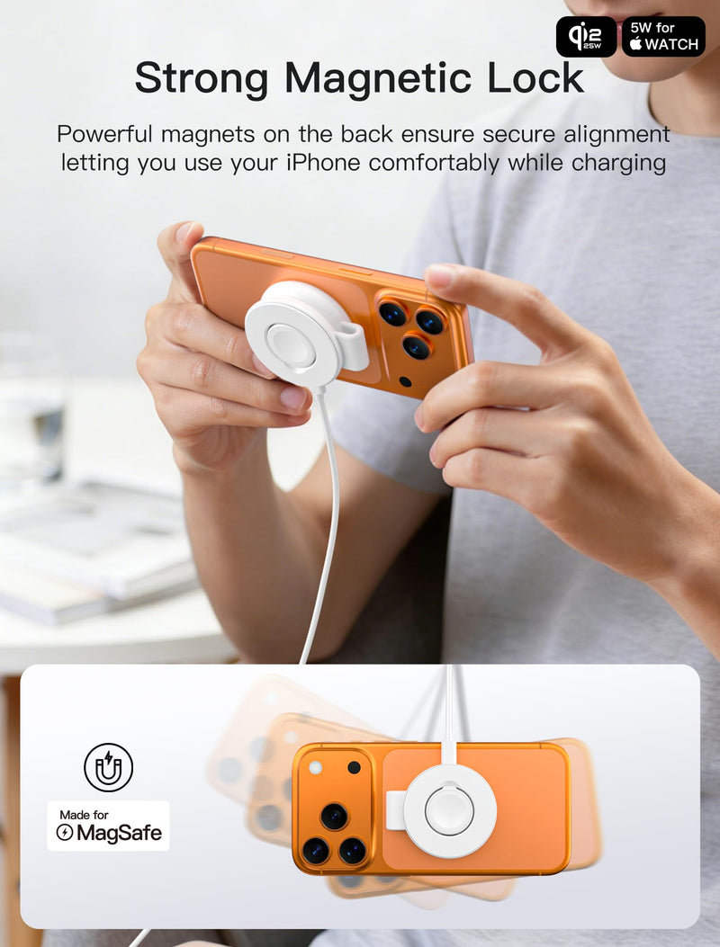2 in 1 Magnetic Wireless Charger, Qi2 25W Fast Charging Travel Station Pad Compatible with MagSafe for iPhone Air/17/16/15/14/13/12, 5W for Apple Watch, AirPods 4/3/2/Pro with 30W Adapter (White) White