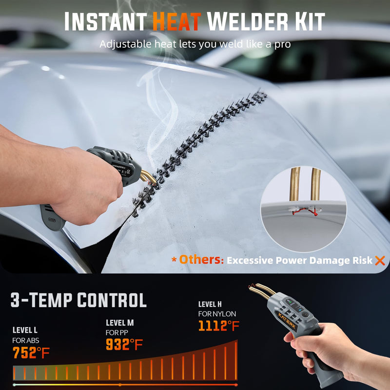 Katerk Cordless Plastic Welder – 400 Staples Included, 3-Temperature Settings, USB Rechargeable Portable Plastic Welding Kit, Perfect for DIY Projects, Bumper/Toys Repair